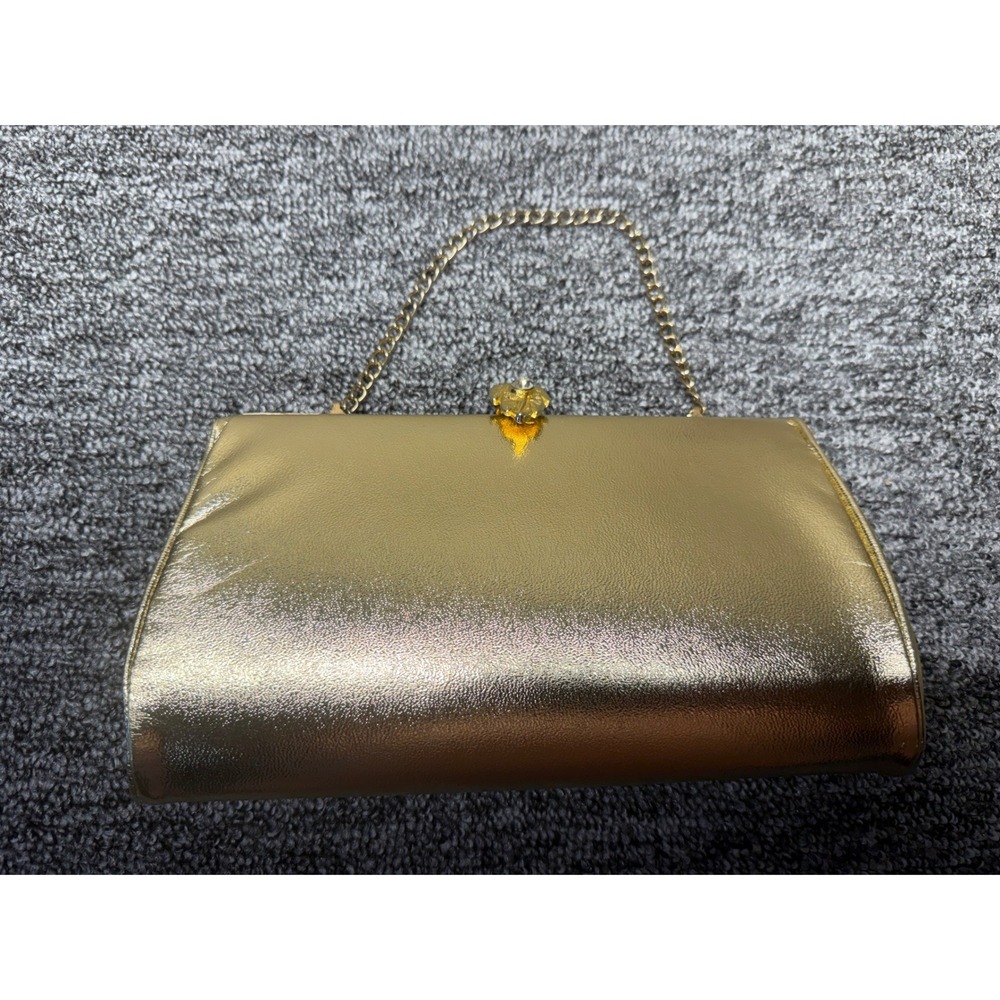 Vintage Gold Metallic Evening Clutch‎ Bag Rhinestone Leaf Clasp Chain Strap Glam